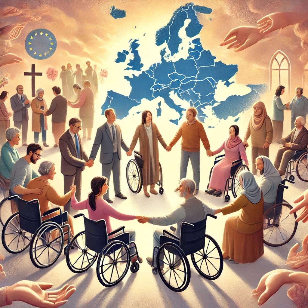People with different disabilities in Europe unifying under the cross. Image created by Dall-E